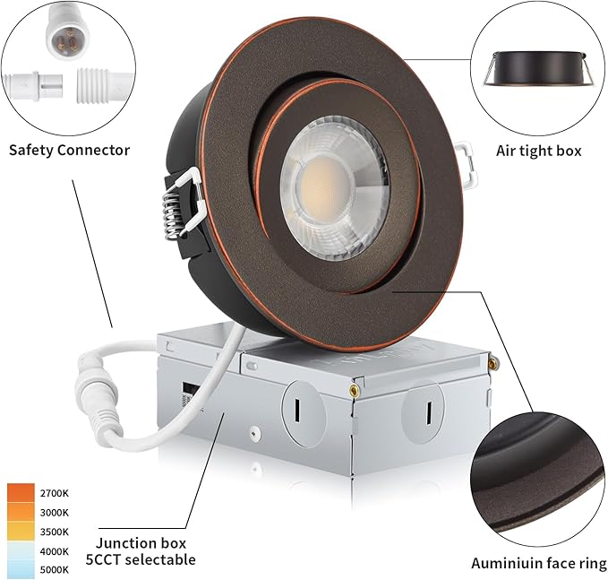 Oil Rubbed Bronze Recessed Lighting 4 Inch with Night Light 6 Pack,Gimbal Led Lights with Junction Box,5CCT Selectable,9W 750LM,Dimmable