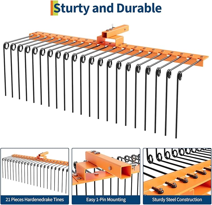 Tow Behind Landscape Rake, 60" Tow Dethatcher with 21 Steel Coil Tines, Lawn Dethatcher Rake Attaches to 48" or 60" Toolbars and 3-Point Suspension Systems, for Leaves, Pine Needles, and Grass, Orange
