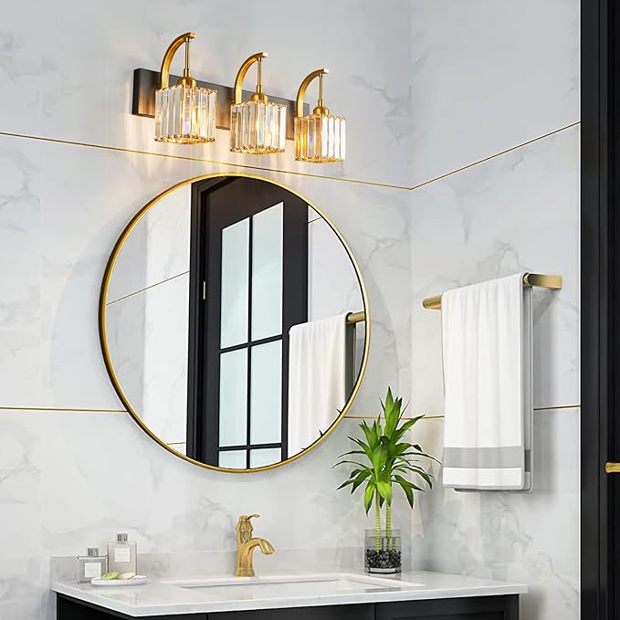 Crystal Vanity Lights 3-Light Black Gold Bathroom Vanity Lights Modern Crystal Bathroom Light Fixtures Over Mirror 23.62" Long Vanity Light for Bathroom
