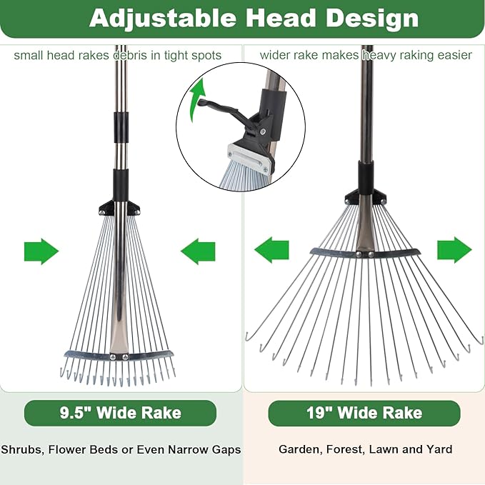 Leaf Collector Garden Rake Set - Adjustable 18 Tines Leaf Rakes & Leaf Picker Upper & 72 Gallon Lawn Waste Bag, Heavy Duty Collect Rake, Hand Leaf Scoop, Brown Paper Dumpster, Yard Gardening Tool
