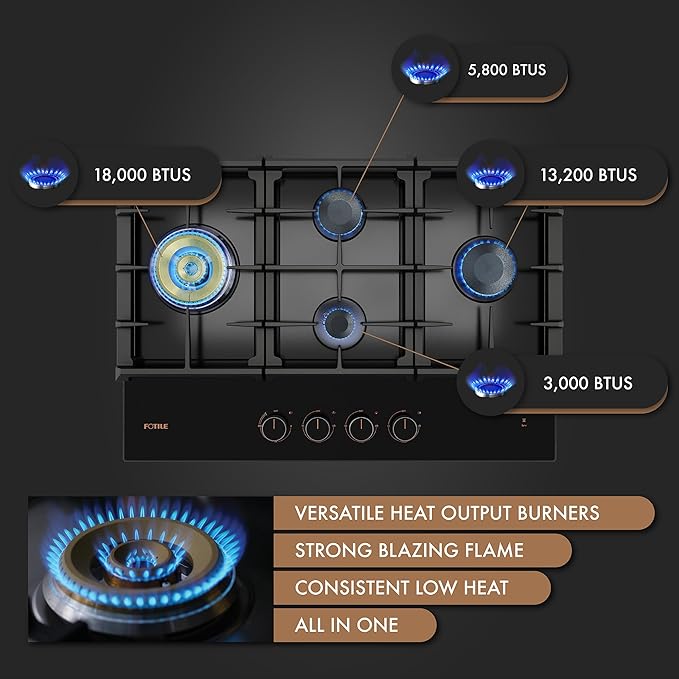 FOTILE GLG30401 30” Black Tempered Glass 4-Burner Gas Cooktop, Tri-Ring 18,000 BTUs Left Burner with Flame Failure Protection Removable Grates and Installation/LP Kit