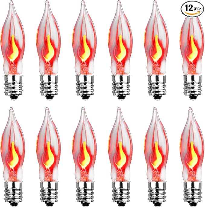 Christmas Flicker Flame Light Bulbs, 12 Pack Crystal Clear Flickering Light Bulbs, 1 Watt C7/E12 Candelabra Replacement Bulb for Electric Candle Chandelier String Lights Halloween Christmas Decoration