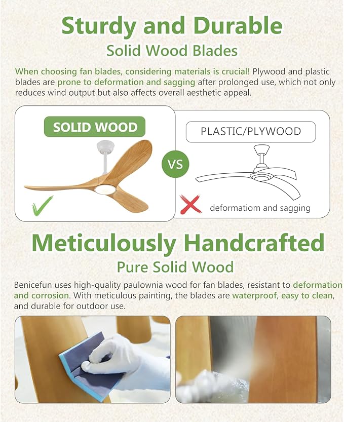 52 inch Natural Wood Ceiling Fan with Light and Remote Control,Ceiling Fans with Lights, 3CCT, Dimmable, Quiet Reversible Motor, Modern Ceiling Fan for Bedroom Indoor/Outdoor Use