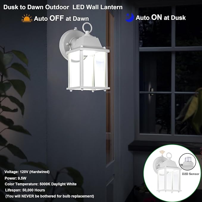 LIT-PaTH Dusk to Dawn Outdoor Wall Lantern, LED Wall Sconce, 5000K Daylight White, 9.5W, 800 Lumen, Aluminum Housing Plus Glass, Outdoor Rated, 2-Pack, White