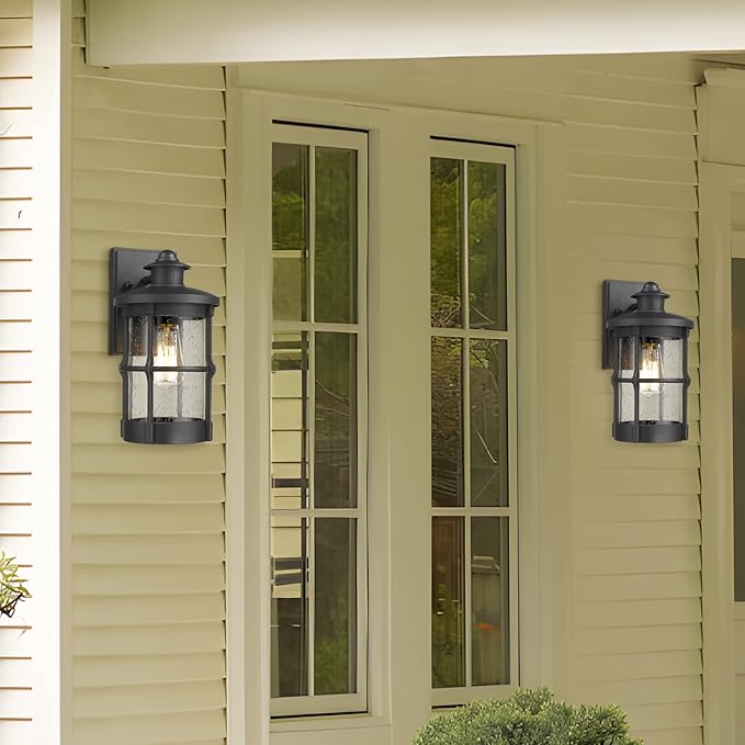 Outdoor Wall Sconces, Outdoor Wall Lights, Exterior Wall Mount Lighting, Exterior Fixture in Black Finish with Seeded Glass for Porch, Garage, Patio, Hallway, Entryway, Black 1 Pack