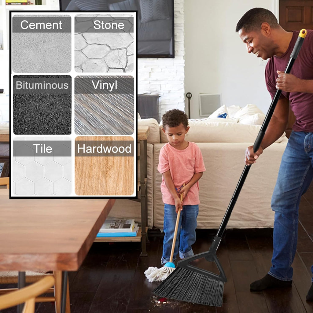 Heavy Duty Broom Outdoor and Indoor, 2 Pack Commercial Angle Brooms with Longer Handle, Perfect Black Broom for Garage, Kitchen, Courtyard, Restaurant