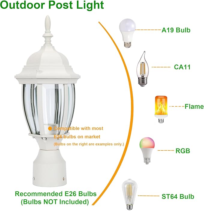 LIT-PaTH Outdoor Post Lighting Fixture Pole Lantern, E26 Medium Base Max 60W, Aluminum Housing Plus Glass, Matte White Finish, 2-Pack