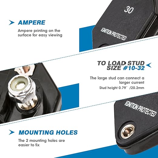 GLOSO Circuit Breaker Car Truck RV Automotive Marine Boat 51 Series T1 Auto Reset Mini Panel Mount #10-32 Threaded Stud w/Nylock 32Vdc (30A)