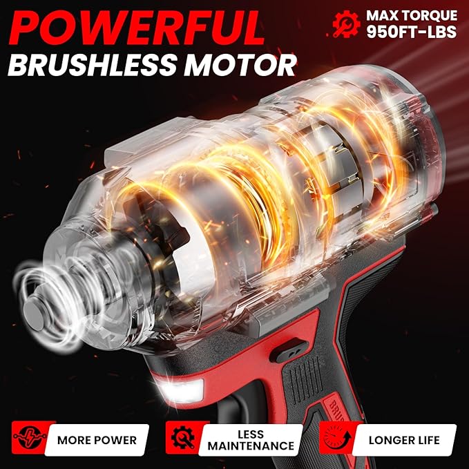 Cordless Impact Wrench 1/2 inch for Milwaukee 18V Battery, Impact Wrench 950Ft-lbs High Torque Brushless Electric Impact Gun, Power Impact Driver with 3-Mode Speed, LED Work Light(no battery)
