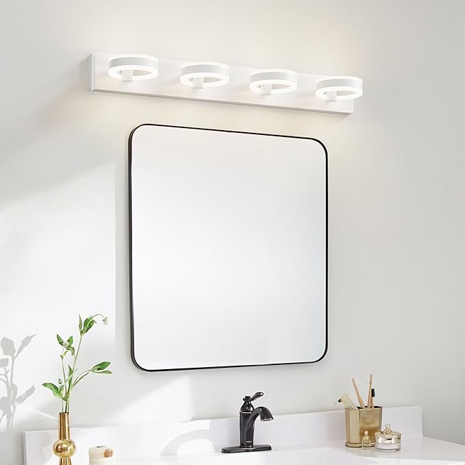 LED Bathroom Light Fixtures, 33inch White Vanity Lights, Modern 4 Light Acrylic Wall Sconces, 350° Rotatable Wall Lighting Fixture Over Mirror