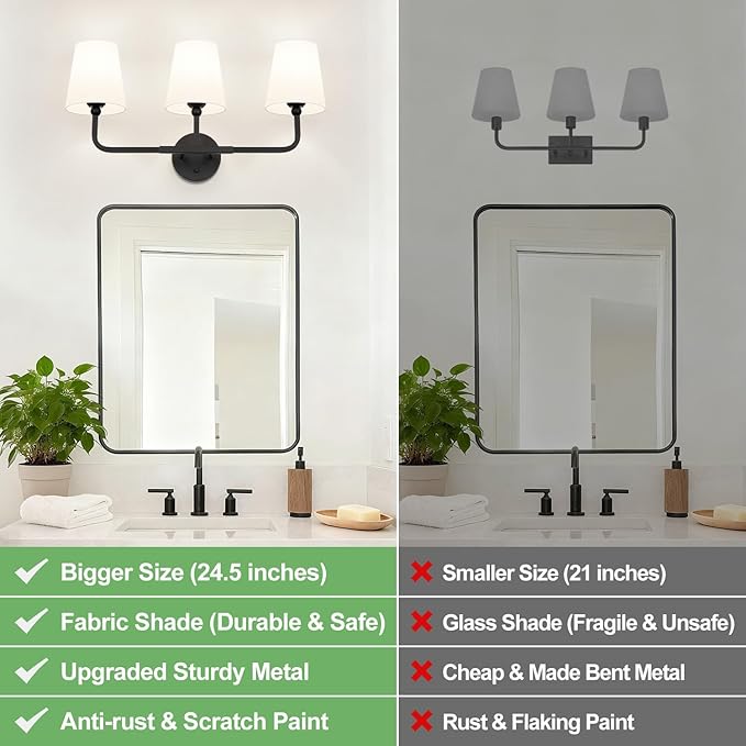 Bathroom Light Fixtures, 3-Light Matte Black Vanity Lights, Bathroom Lighting Fixtures Over Mirror with Flared White Fabric Shade, Modern Wall Sconces for Living Room Hallway