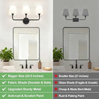 Bathroom Light Fixtures, 3-Light Matte Black Vanity Lights, Bathroom Lighting Fixtures Over Mirror with Flared White Fabric Shade, Modern Wall Sconces for Living Room Hallway