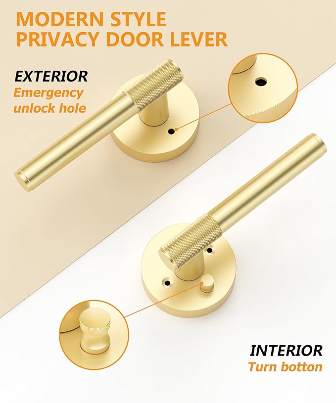 Asidrama 10 Pack Privacy Gold Door Knob with Lock, Brushed Gold Door Handles Interior for Bedroom or Bathroom, Heavy Duty Door Lever with Reversible Interior Door Handle for Left Right Sided Doors