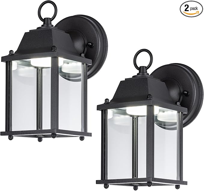 LIT-PaTH Outdoor LED Wall Lantern, Wall Sconce as Porch Lighting Fixture, 5000K Daylight White, 9.5W 800 Lumen, Aluminum Housing Plus Glass, Black Finish, 2-Pack