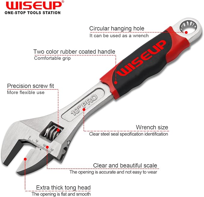 WISEUP Adjustable Wrench 8 Inch Professional Cr-V Forged With Anti-Slip Grip Wrenches Set Small Crescent Style Hand tools