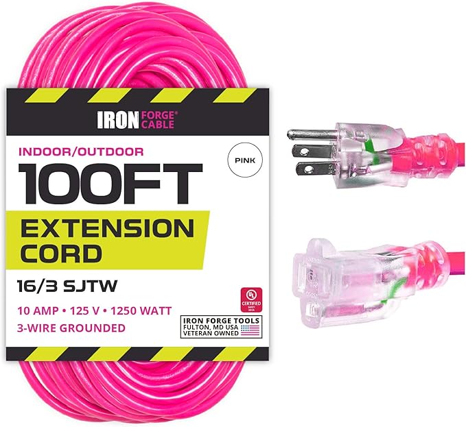 Iron Forge Cable Weatherproof 100 Ft Outdoor Extension Cord - 16/3 SJTW 10 Amp Heavy Duty Neon Pink Extension Cord 3 Prong - Lighted End