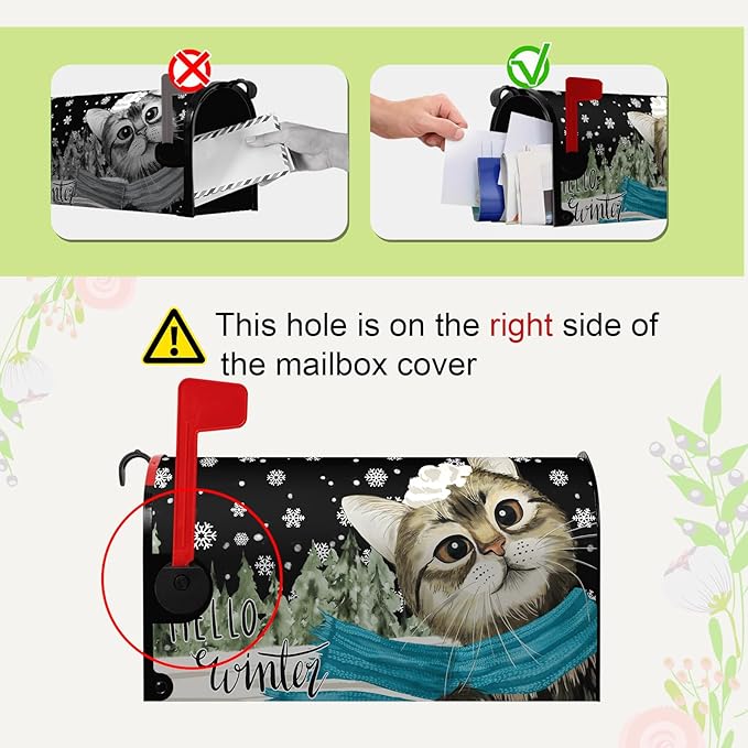 Hello Winter Cat Magnetic Mailbox Covers Standard Size 21x18 Inch Snowflakes Pine Tree Post Box Mailbox Wraps Cute Cat Cover Outdoor Decor for Garden Yard