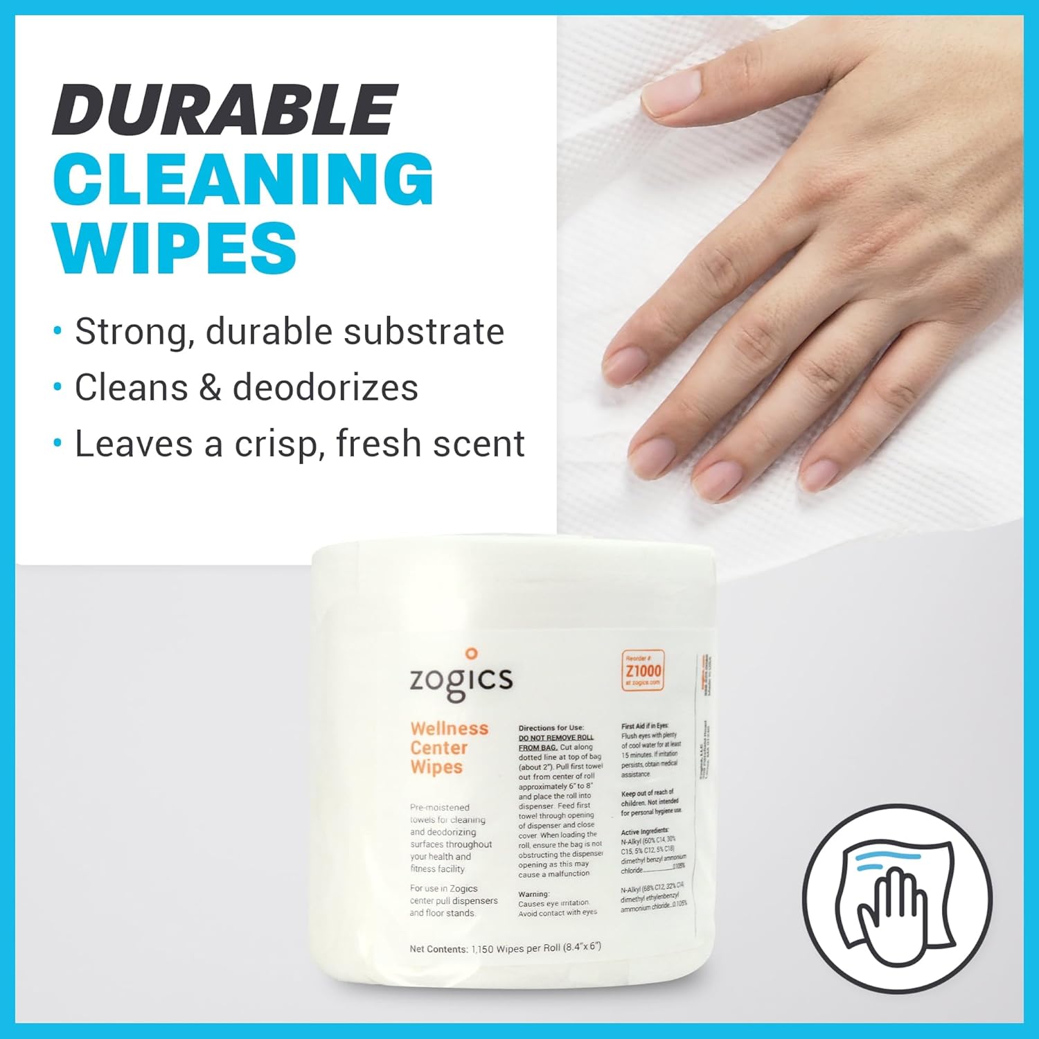 Zogics Wellness Center Cleaning Wipes – Gym Equipment Wipes for Cleaning Surfaces and Equipment, Durable and Safe Pre-Saturated (4,600 Count, 4 Rolls of 1150)