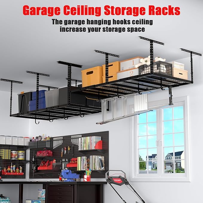 4x8 Overhead Garage Storage Rack with 4 Extra Hooks – Adjustable Heavy-Duty Garage Ceiling Storage Racks (22"-40"), Holds 600 lbs, 22 lbs per Hook, Steel Hanging Organizer for Tools, Bins & Bikes