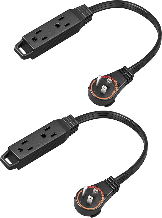 DEWENWILS 1FT 360° Rotating Flat Plug Extension Cord/Wire, 16AWG Multi 3 Outlet Extension Cord, 3 Prong Grounded Wire for Indoor Small Appliances, 2 Pack, ETL Certified, Black