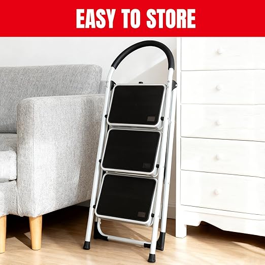 Big RED 3 Step Ladder, Folding Step Stool with Anti-Slip Pedal, Step Ladder 3 Step Folding with Padded Handle for Kitchen, Household, Offices. 400 lb Capacity