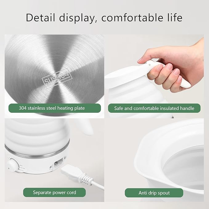 Travel Foldable Electric Kettle, Collapsible Kettle Travel Electric Collapsible Electric Tea Kettle Food Grade Silicone 850W Fast Boiling Water, 110V 700ml (White)