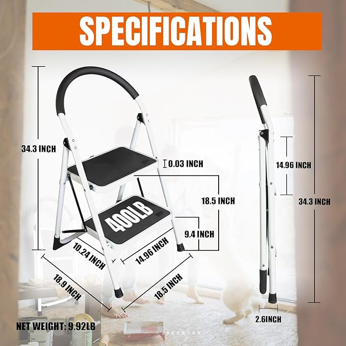 2 Step Ladder, Folding Lightweight Step Stool with Wide Anti-Slip Pedal for Home, Office, Kitchen and Garage, Service Height 18.5 inch, 400 lbs Capacity