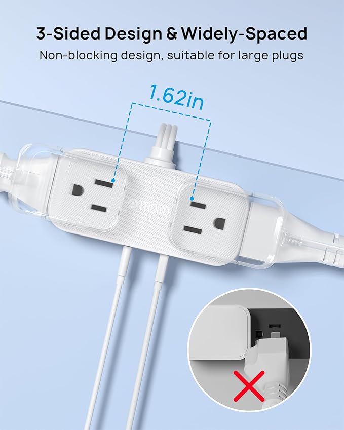 TROND Outlet Extender with 6 Inch Cord, Flat Plug Adapter for Inverted Sockets, 4 Electrical Sockets, 4 USB Ports, Multi Plug Wall Outlet for Home Travel, Cruise Ship Essentials, White
