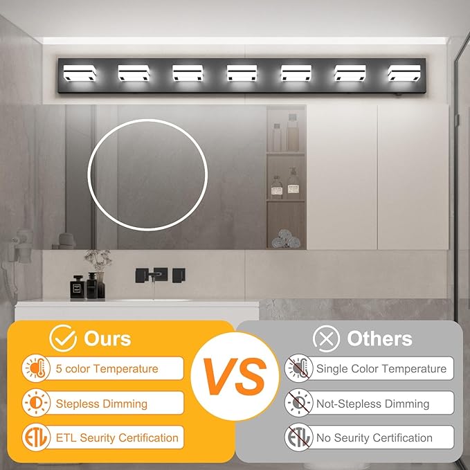 Ralbay 5 Color Temperature Dimmable 46inch Matte Black Vanity Lights Acrylic Modern LED Black Vanity Lighting for Bathroom 7 Lights