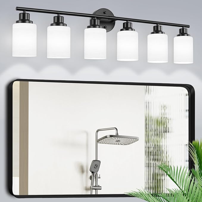 6-Light Bathroom Light Fixtures, Vanity Lights for Mirror with Textured Milky White Glass Shade, E26 Base Modern Kitchen Light Fixtures Wall Sconce Light - Black
