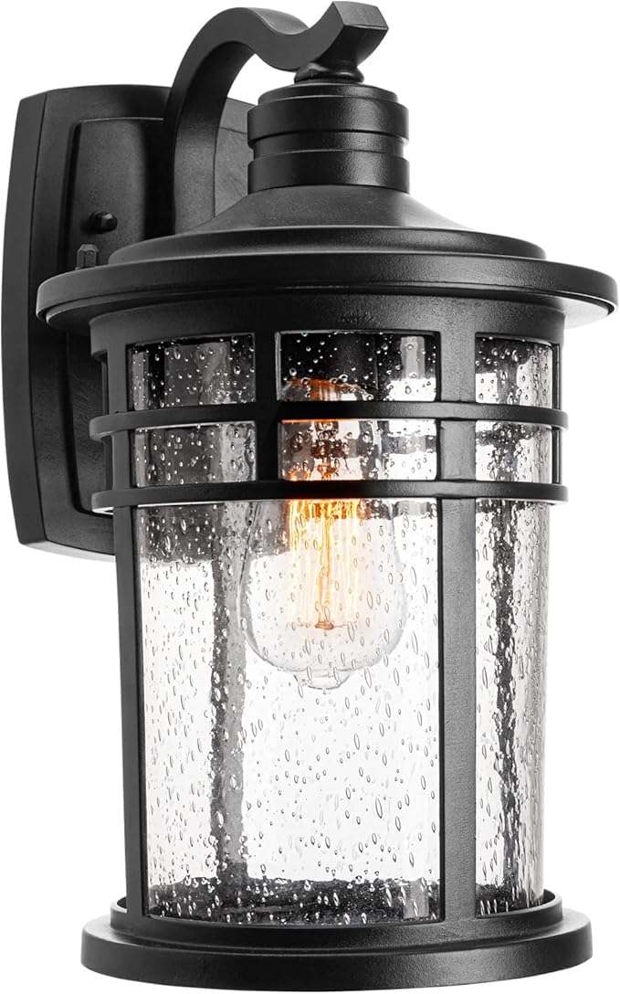 Darkaway Large Outdoor Porch Lights Wall Mount, 15inch Outdoor Light Fixtures Sconces Wall Lighting with Seeded Glass Exterior Lights for Patio Yard House Hallway Doorway Garage(Large, Black)