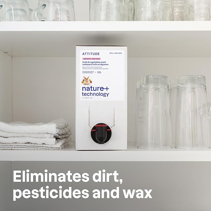 ATTITUDE Fruit & Vegetable Wash Refill, Food-Safe Produce Wash, Removes Dirt & Residue, Vegan & Plant-Based Ingredients, Unscented, 67.6 Fl Oz