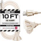 Iron Forge Cable Weatherproof 10 Ft Outdoor Extension Cord with 3 Outlets - 16/3 SJTW Heavy Duty Beige Extension Cord 3 Prong - 13 Amp Power Cable