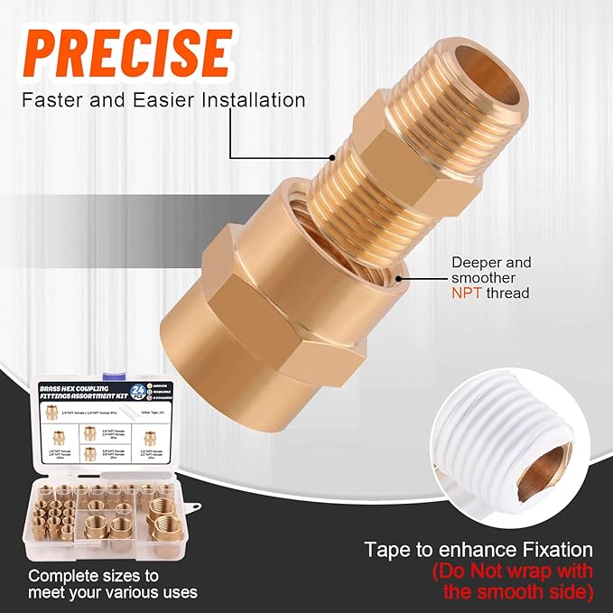24Pcs Brass Pipe Fittings,1/8" x 1/8",1/4" x 1/4",3/8" x 3/8",1/2" x1/2" NPT Female Hex Coupling Hex Head Coupler Pipe Fitting