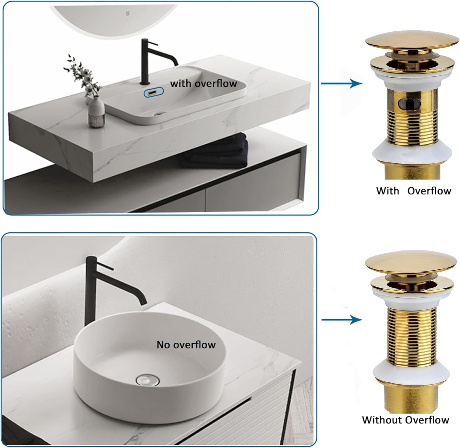 Bathroom Sink Drain, Gold Drain Stopper Bathroom Sink Without Overflow,Pop Up Drain Assembly with Detachable Strainer Basket,Built-in Anti-Clogging Strainer,Stainless Steel