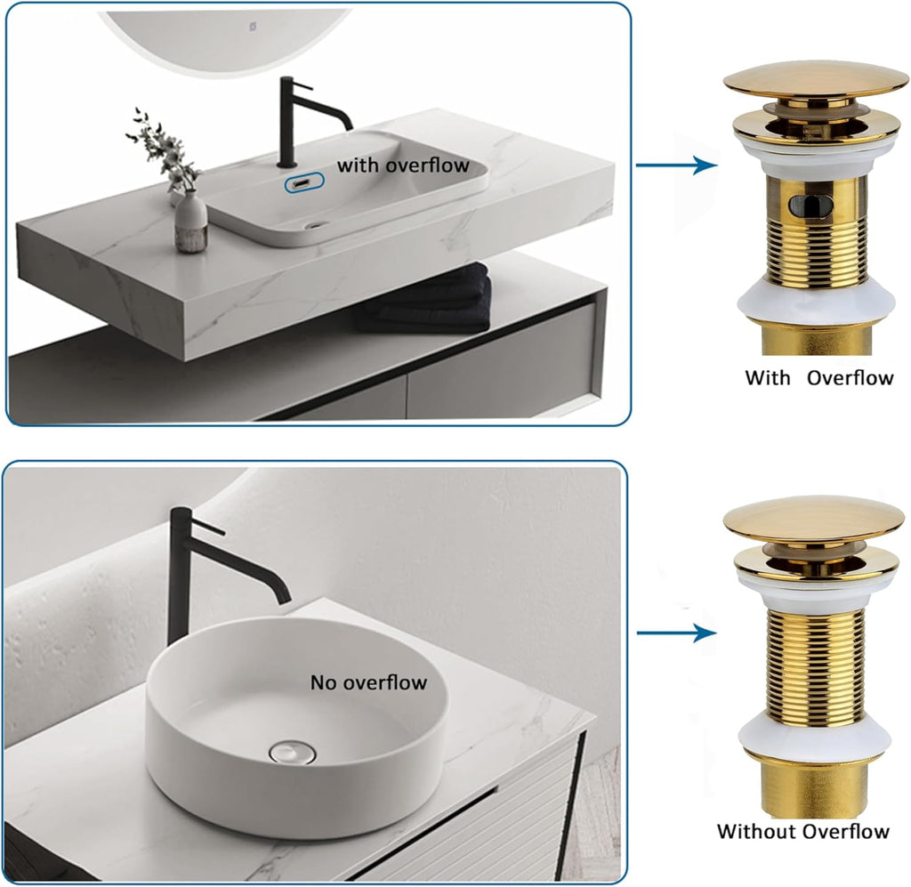 Bathroom Sink Drain, 2 Pack Gold Drain Stopper Bathroom Sink Without Overflow, Pop Up Drain Assembly with Detachable Strainer Basket, Built-in Anti-Clogging Strainer,Stainless Steel