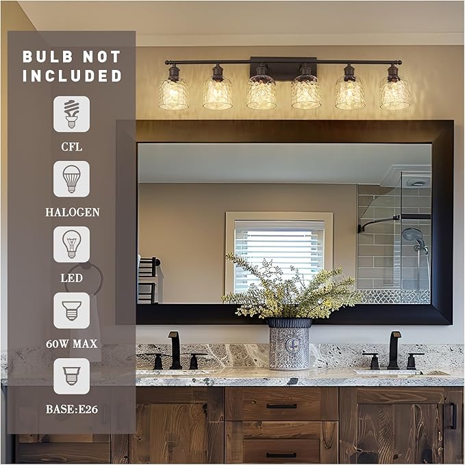 zeyu 6-Light Modern Vanity Light, 42'' Bathroom Lighting Fixtures Over Mirror, Oil Rubbed Bronze Finish with Clear Hammered Glass, ZJF63B-6W ORB
