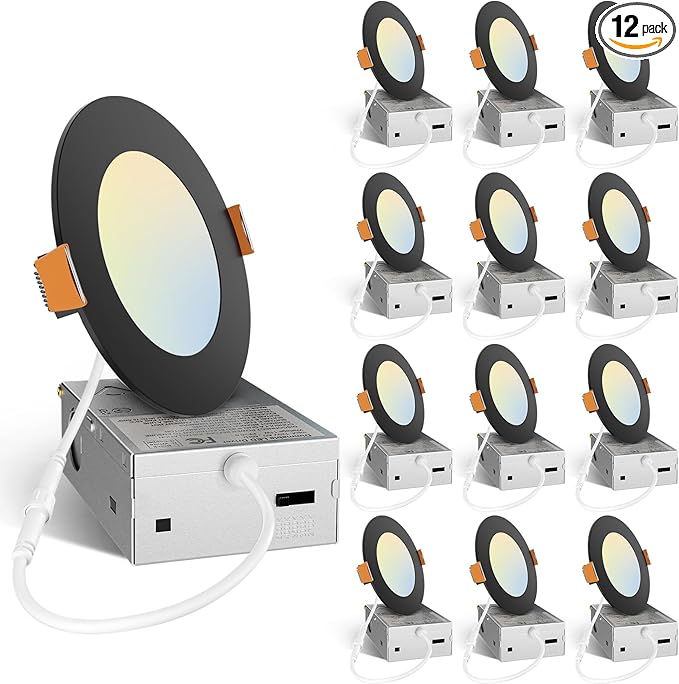 Amico 12 Pack 4 Inch 5CCT Ultra-Thin LED Recessed Ceiling Light with J-Box, 2700K/3000K/3500K/4000K/5000K Selectable, 11W Eqv 70W, Dimmable Canless Downlight, 800LM High Brightness, Black - ETL