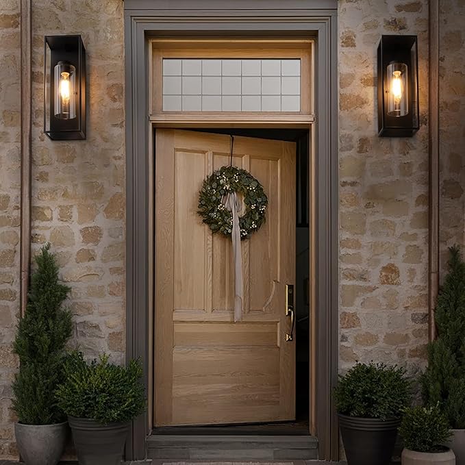 mirrea 18" Dusk to Dawn Outdoor Wall Sconce 1 Light in Cylinder Glass Shade and Matte Black Rectangular Metal Frame Waterproof Porch Light Patio Light Pack of 2