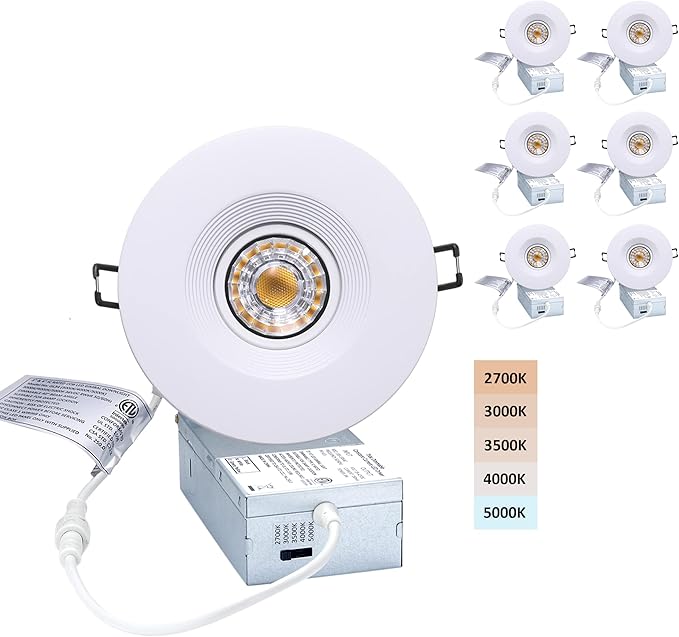 Premium Canless Recessed Gimbal Downlight Rotatable-Spotlight 5 CCT 4 Inch Eyeball Ceilling Potlight, Dimmable Lights Fixture with Junction Box, 8W, White Round Trim, with Baffle, 6P