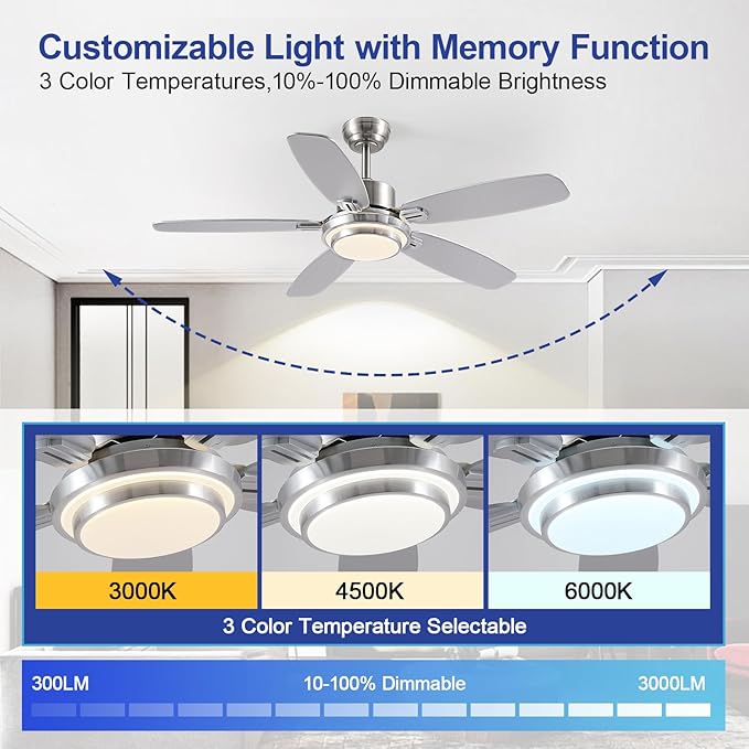 50inch Brushed Nickel Ceiling Fan with Light - Quiet Reversible DC Motor 5 Dual-Finish Blades Dimmable 3-Color LED for Bedroom Living Room Indoor