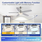 50inch Brushed Nickel Ceiling Fan with Light - Quiet Reversible DC Motor 5 Dual-Finish Blades Dimmable 3-Color LED for Bedroom Living Room Indoor