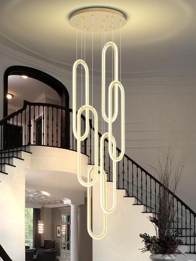 Flashing God H118 Modern Chandelier 6-Rings Contemporary Chandelier for High Ceiling Led Dimmable Large Pendant Lighting Gold Ring Chandeliers for Villa Foyer Entrance Living Room