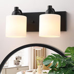 Milk Glass Vanity Lights for Bathroom, 2 Light Matte Black Bathroom Light Fixtures Over Mirror, Ceramic E26 Sockets Wall Mounted