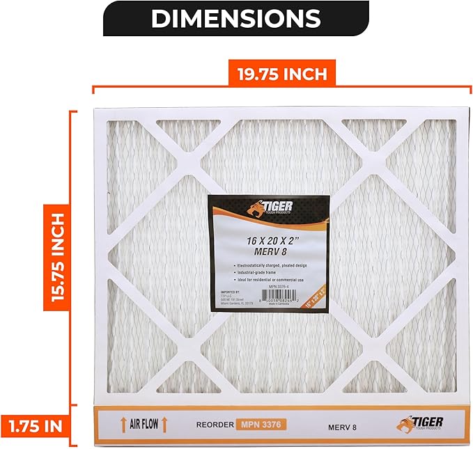 Tiger Tough 16x20x2 MERV 8 MPR 600-800 Air Filter, High-Performance AC Furnace & HVAC Filter, 8-Pack