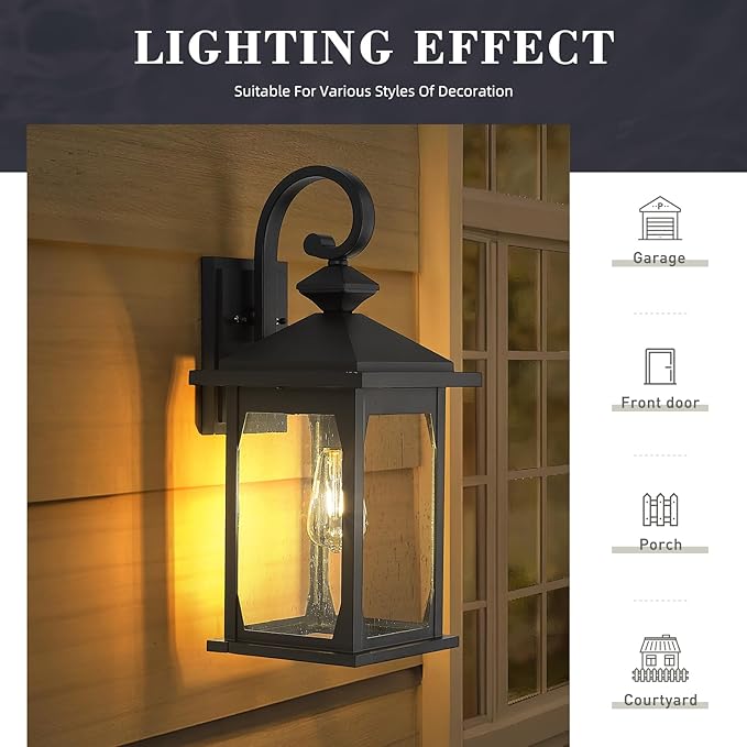 zeyu Large Farmhouse Outdoor Wall Light, 21 Inch Exterior Porch Light Fixture for Front Porch Garage, Die-Cast Aluminum with Seeded Glass, Black Finish, ZD99B-M BK