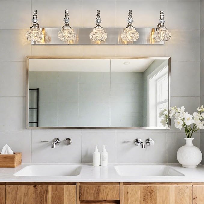 Modern Glass Crystal Vanity Light - Vintage Bathroom Lighting Fixtures Over Mirror, 5 Light Vanity Lights G9 Bulb (35.43 Inch, Nickel)