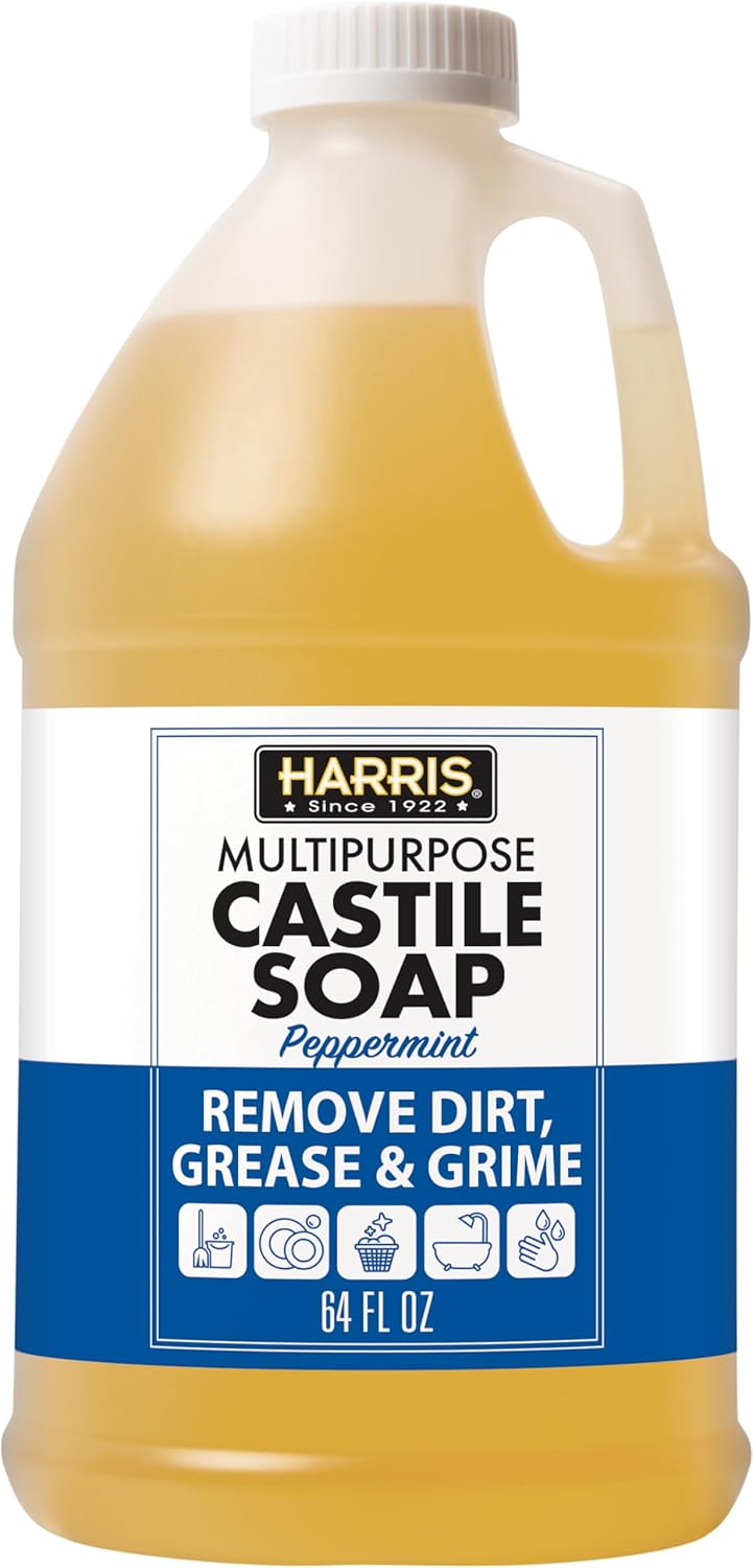 HARRIS Multi-Purpose Pure Liquid Castile Soap for Home Cleaning, Multi-Purpose Cleaner, For Dish Soap, Laundry Detergent, Kitchen and Bathroom Surfaces, Kids Rooms, Scented with Peppermint Oil, 64 Oz