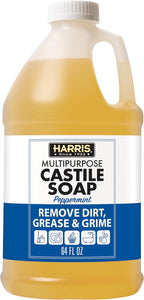 HARRIS Multi-Purpose Pure Liquid Castile Soap for Home Cleaning, Multi-Purpose Cleaner, For Dish Soap, Laundry Detergent, Kitchen and Bathroom Surfaces, Kids Rooms, Scented with Peppermint Oil, 64 Oz