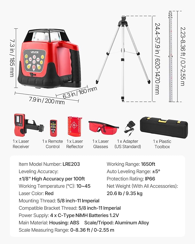 VEVOR Rotary Laser Level Kit, 1650ft 360-Degree Self Leveling Red Horizontal Laser Transit,with Tripod,Receiver,Remote Control, Scale,Toolcase, IP66 Waterproof, 0.80in/100ft Precision for Construction